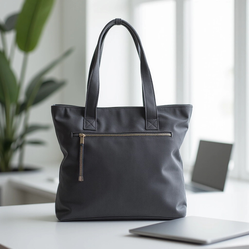 Urban Commute Tote placed on modern desk with laptop and coffee cup, showing spacious interior compartments and organizational pockets in use