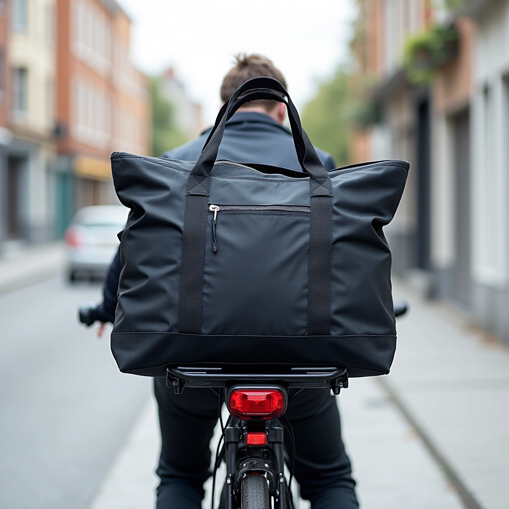 Urban Commute Tote placed in bicycle cargo rack ready for daily commute, showing real-world usage scenario