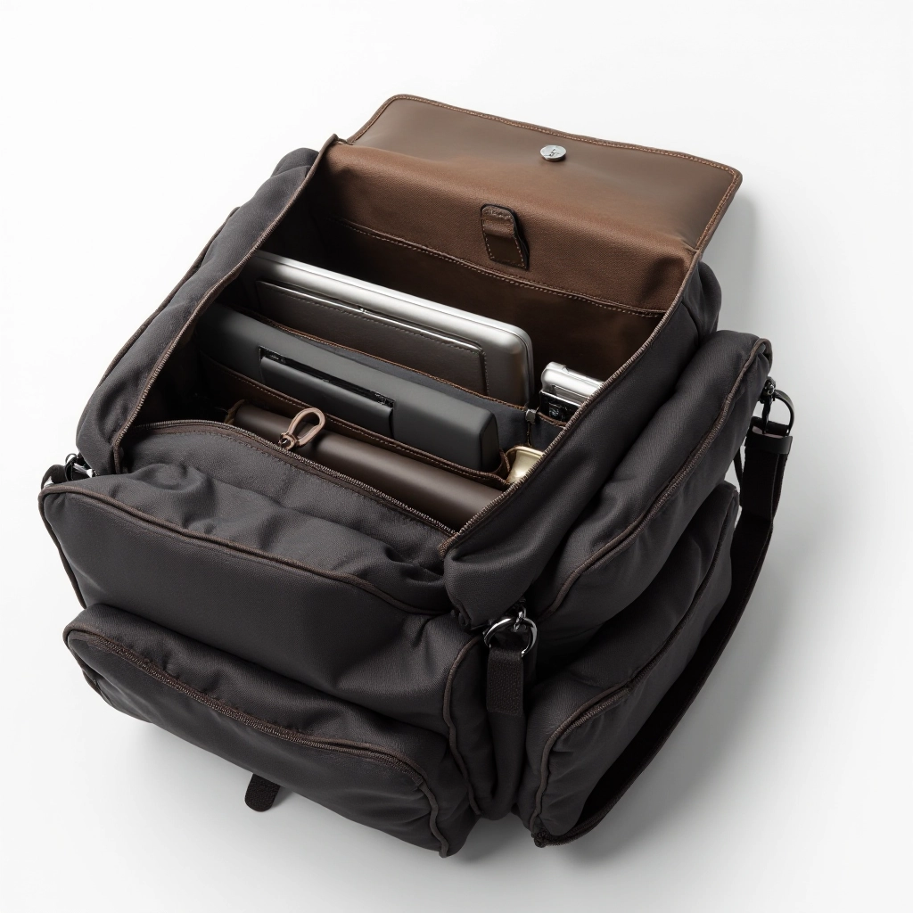 Messenger bag laid flat showing interior compartments, padded laptop sleeve, organized pockets, and structured canvas construction with leather details