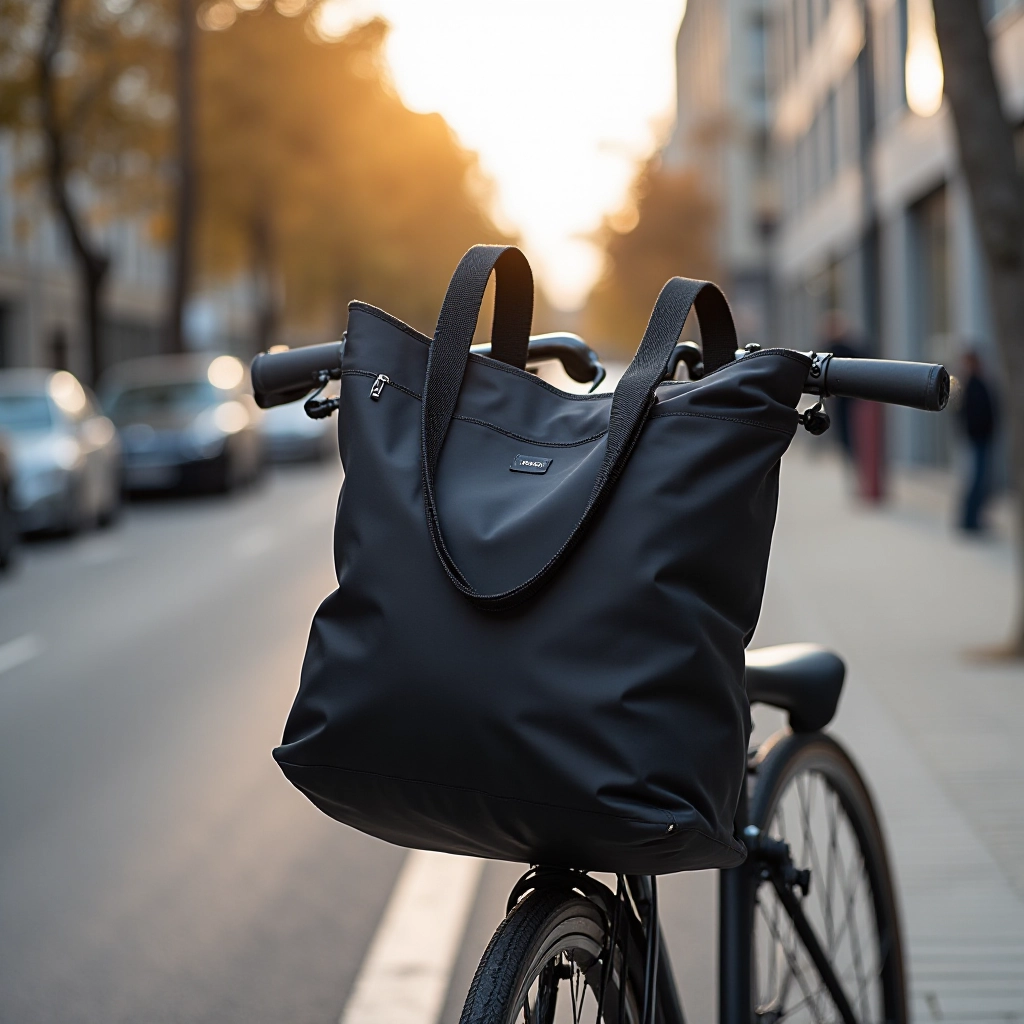 Professional product lifestyle shot of forest-green tote mounted on bicycle rack in urban setting with morning sunlight