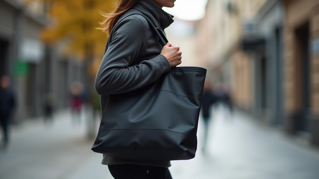 Commuter using tote bag during daily travel through city streets