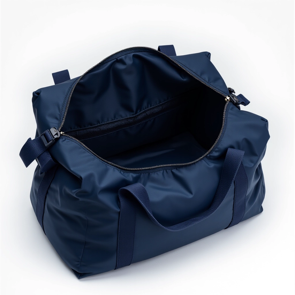 Close-up of navy duffel bag showing wet-dry compartment divider, interior mesh pocket, and main compartment opening with wide-mouth design for easy access